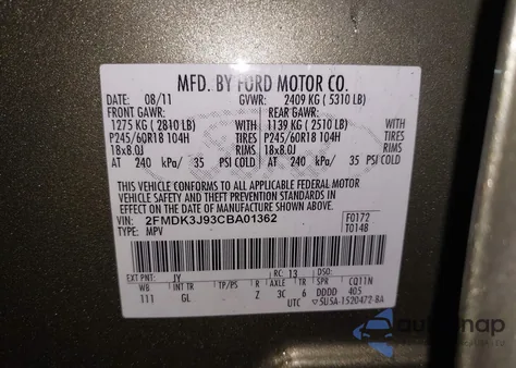 2012 Ford Edge Sel из США, поврежденный, VIN 2FMDK3J93CBA01362